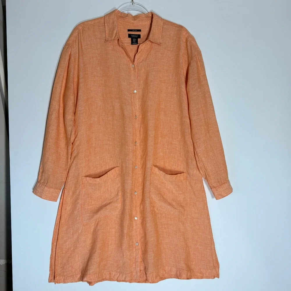 Jones New York Jones & Co 100% Linen Tunic Shirt Dress Orange Apricot Medium - Picture 3 of 14